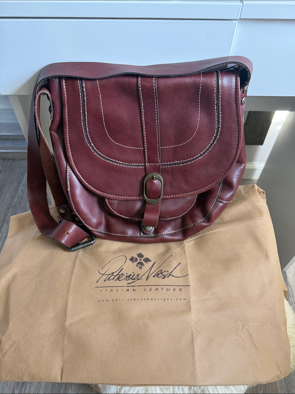 Patricia Nash Wine Red Leather Crossbody Saddle Bag
